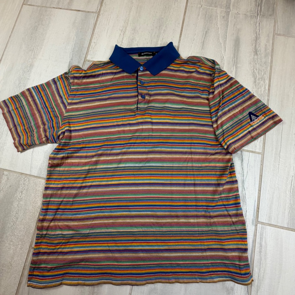 Bugatchi Uomo Mens XL Mercerized Cotton Striped Polo Shirt Alto Lakes Golf Blue